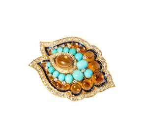 French 18 Karat Yellow Gold Citrine, Turquoise, Sapphire, and Diamond Pendant/Brooch
