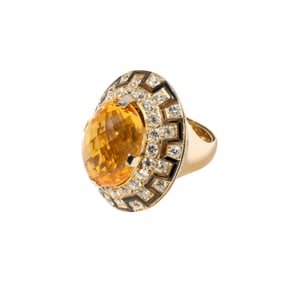 18 Karat Yellow Gold Citrine, Onyx, and Diamond Ring