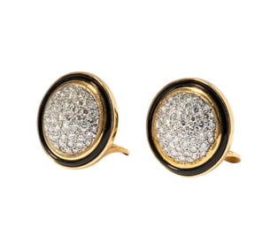 18 Karat Yellow and White Gold Diamond and Enamel Dome Button Earrings