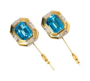 Pair of 18 Karat Yellow Gold Blue Topaz and Diamond Stick Pins