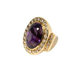 18 Karat Yellow Gold Amethyst and Diamond Ring