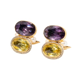 Elizabeth Gage 18 Karat Yellow Gold Amethyst, Citrine, Pearl, and Diamond Ear Clips