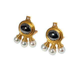 Elizabeth Gage, 18-Karat Yellow Gold Hematite, Diamond, and Pearl Ear Clips