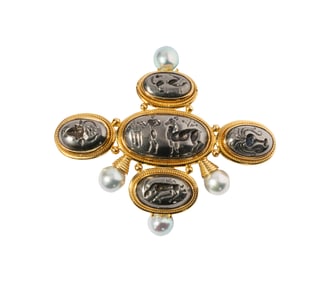 Elizabeth Gage 18 Karat Yellow Gold and Silver Intaglio Cultured Pearl Pendant/Brooch