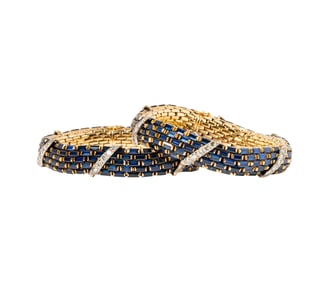 Pair 18 Karat Yellow Gold Sapphire and Diamond Bracelets