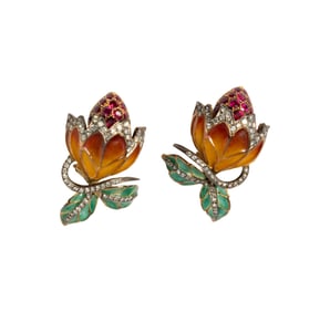 Moira 18 Karat Yellow Gold and Silver Topped Enamel and Diamond Earrings