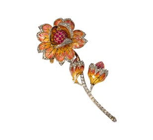 Moira Silver Topped, 18 Karat Yellow Gold, Enamel, Ruby and Diamond Brooch