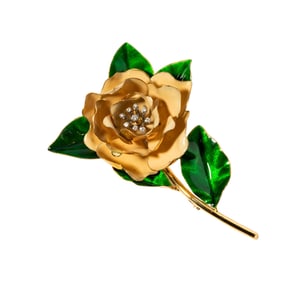 French 18 Karat Yellow Gold Diamond and Enamel Flower Brooch