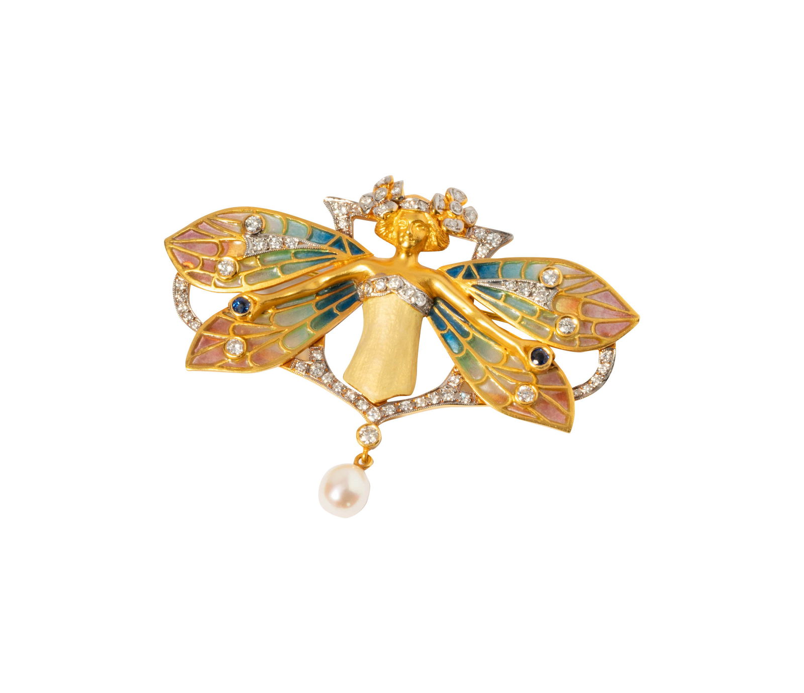 Masriera, 18 Karat Yellow Gold Enamel, Diamond, Sapphire, and Cultured Pearl Brooch (1 of 7)