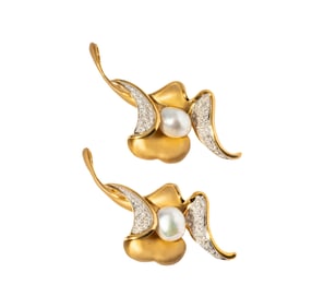 Pair of 18 Karat Yellow and White Gold Diamond and Pearl Flower Brooches