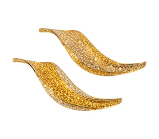 Pair of 18 Karat Yellow Gold Yellow Sapphire and Diamond Brooches
