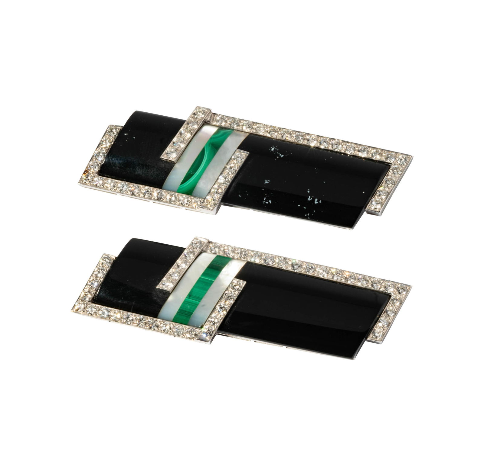 Emis Beros Pair of 18 Karat White Gold, Diamond, Onyx, Malachite, and Mother-of-Pearl Brooches: Featuring two Emis Beros, 18-karat white gold, onyx, diamond, malachite and mother-of-pearl brooches, two carved rectangular black onyx measuring 2-1/4 inches x 5/8 inches with mother-of-pearl and mal