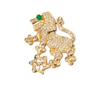 18 Karat Yellow Gold Diamond and Emerald Lion of Judah Brooch