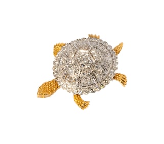 18 Karat Yellow Gold and Platinum Diamond Turtle Brooch