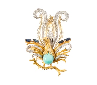 18 Karat Yellow and White Gold Diamond, Sapphire, and Turquoise Peacock Brooch/Pendant