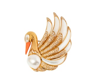 18 Karat Yellow Gold Diamond, Cultured Pearl, and Coral Swan Brooch