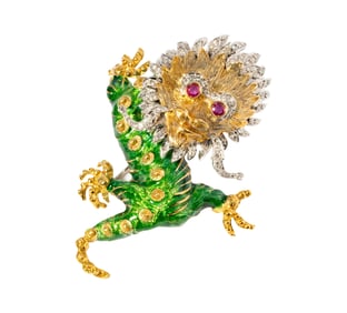 18 Karat Yellow and White Gold Diamond, Ruby, and Enamel Dragon Pendant/Brooch
