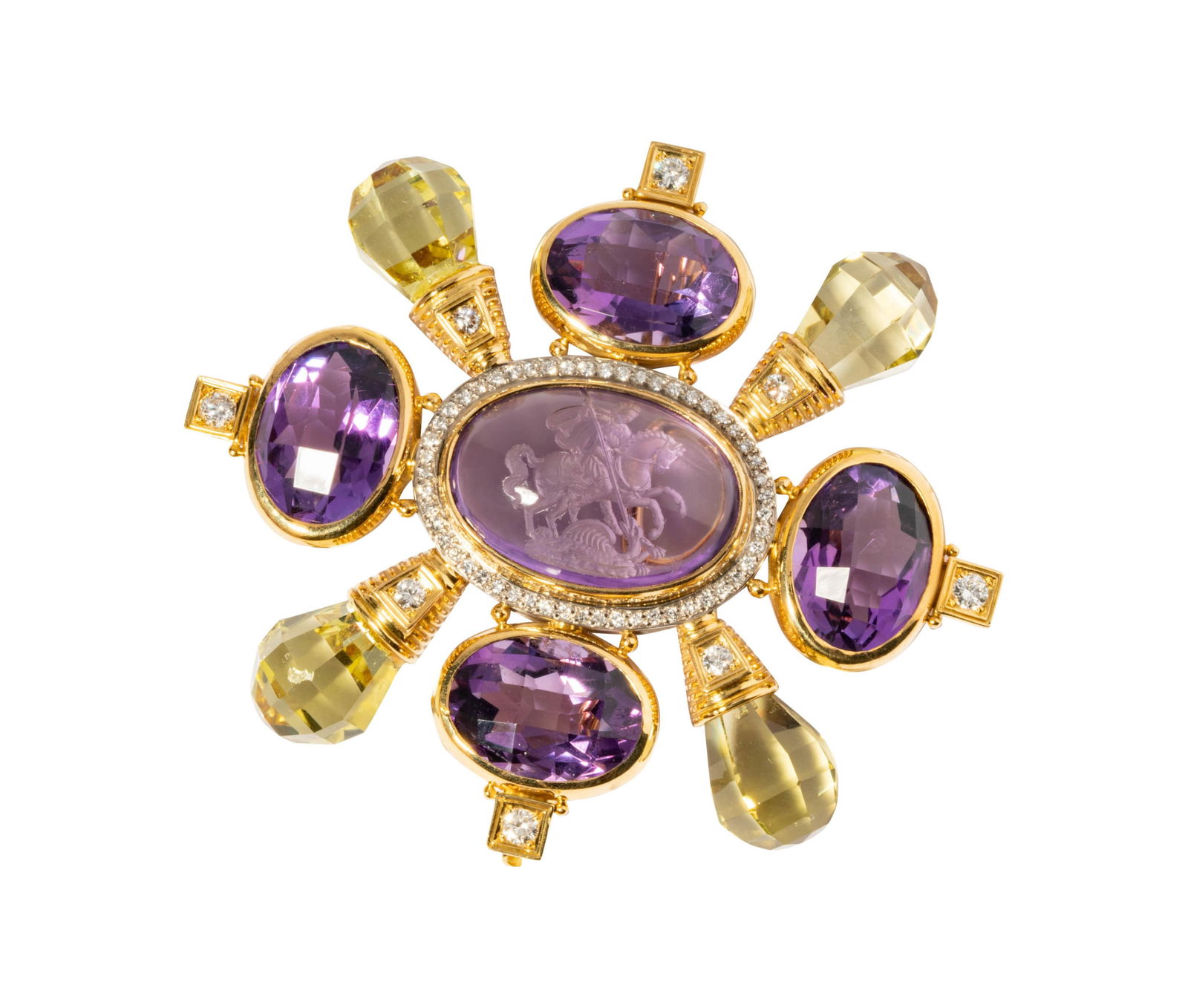Elizabeth Gage, 18 Karat Yellow Gold, Amethyst, Citrine, Pearl, and Diamond Brooch: Featuring an Elizabeth Gage an 18-karat yellow gold, amethyst, citrine and diamond brooch, comprised with four oval mix-cut amethysts, measuring 17 x 13 mm and a center oval intaglio amethyst measurin