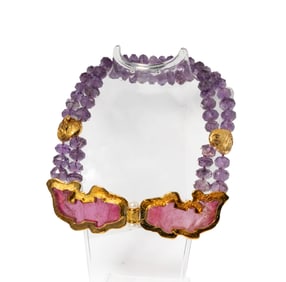 Elizabeth Gage, 18 Karat Yellow Gold Amethyst and Tourmaline Shark Double Pendant Necklace