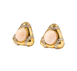 One Pair Of 14 Karat Yellow Gold Dome Coral and Diamond Triangular Ear Clips