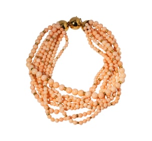18 Karat Yellow Gold Coral Torsade Necklace