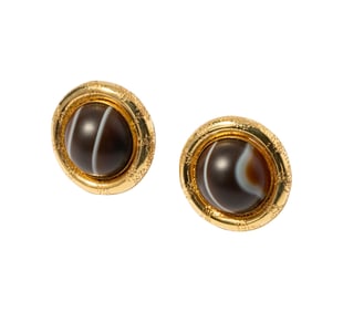 Tallarico, Pair of 18 Karat Yellow Gold Banded Agate Button Ear Clips