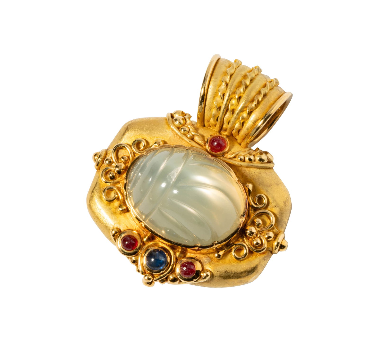 Denise Roberge, 18 Karat Yellow Moonstone Multi-Gemstone Pendant: Featuring a Denise Roberge, 18-karat yellow gold, moonstone and gem-set pendant, with a center carved oval cabochon-cut moonstone, measuring 27 x 20.5 mm, and a round cabochon-cut sapphire, measuring