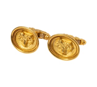 Elizabeth Gage, 18 Karat Yellow Gold Rams Head Cufflinks