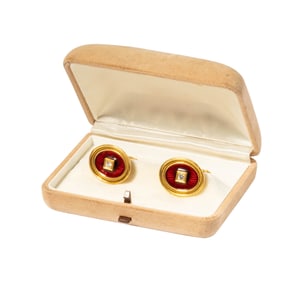 Elizabeth Gage, 18 Karat Yellow Gold Diamond and Red Enamel Cufflinks