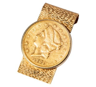 14 Karat Yellow Gold Money Clip and One $20, 1903 Liberty Coin Money Clip