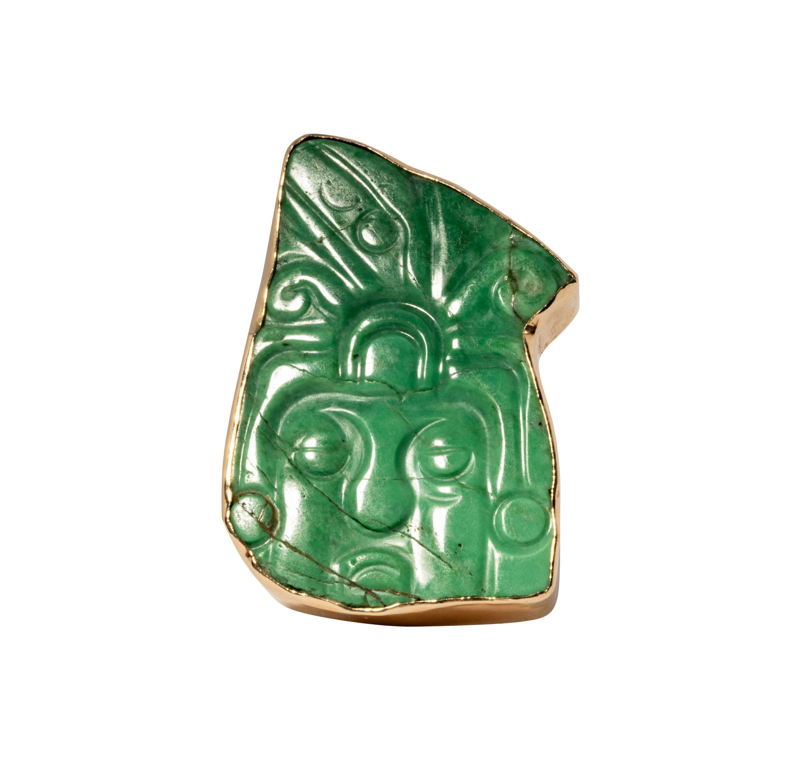 14 Karat Gold and Ceramic Ring: bezeled green ceramic depicting a Mayan figure, measuring 36.52x23.70mm; ring size: 8, weighing 18.4 grams; Provenance: The Estate of Antiquarian and Collector Ron Belkin, Long Beach, CA. A revered fi