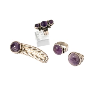 William Spratling Three Sterling Silver Amethyst Rings with Brooch