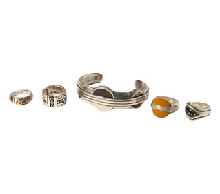 William Spratling Four Sterling Silver Rings and one bracelet