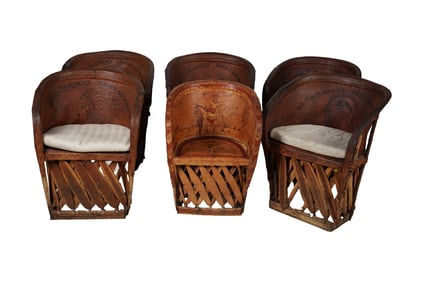 A Set of Five Vintage Mexican Painted Leather and Wood Equipale Chairs