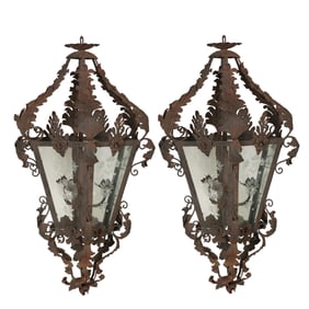 A Pair of Large Baroque-Style Wrought Iron Lanterns