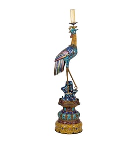 A Chinese Cloisonne Crane-Form Floor Candlestick