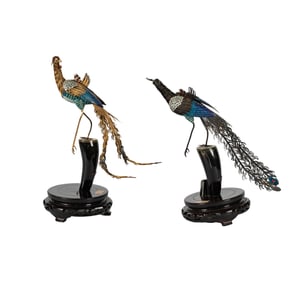 A Pair of Chinese Cloisonne and Filigree Metal Phoenix Birds