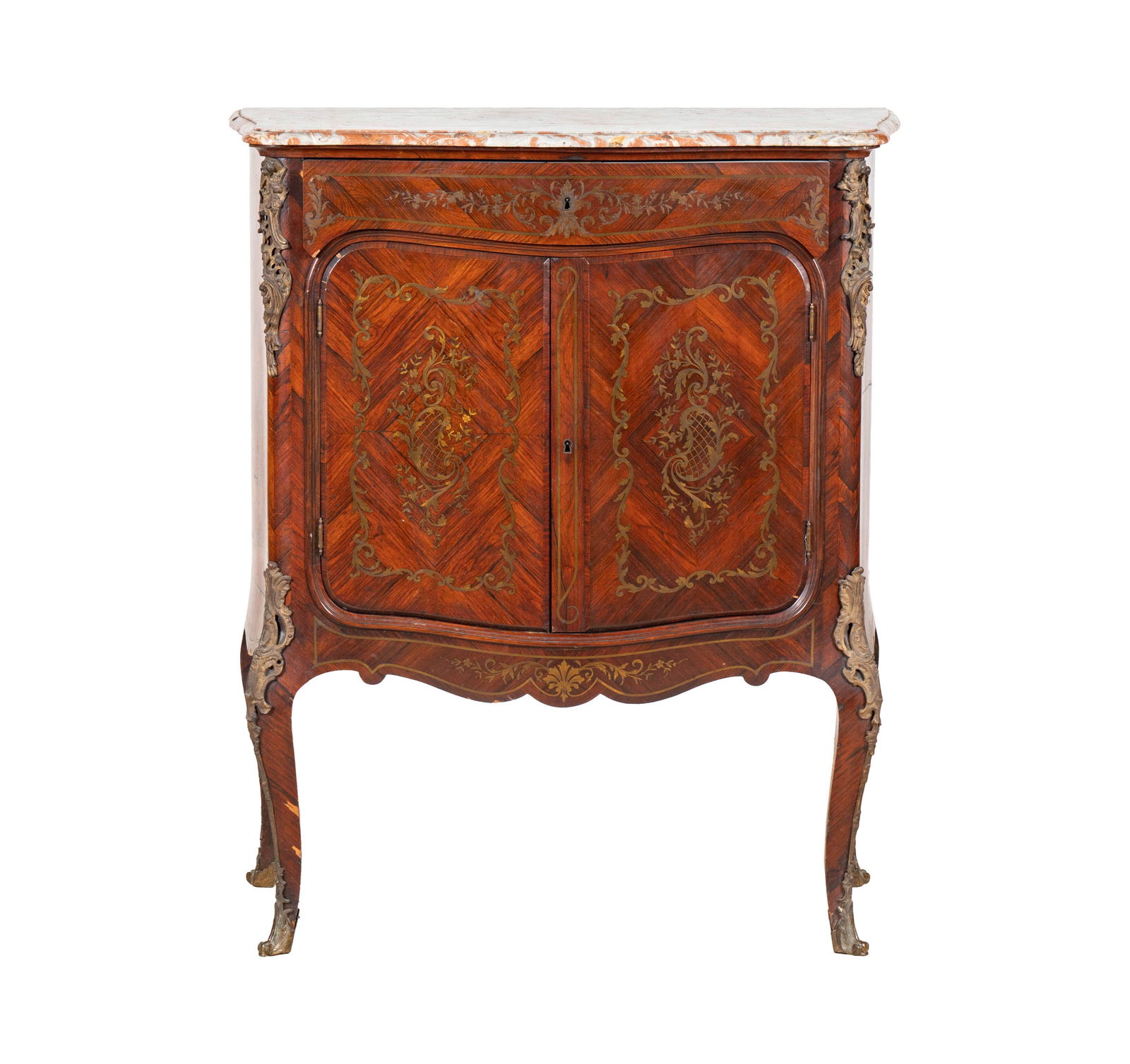 A Rococo-Style Marble-Top Brass-Inlaid Parquetry Cabinet (1 of 15)