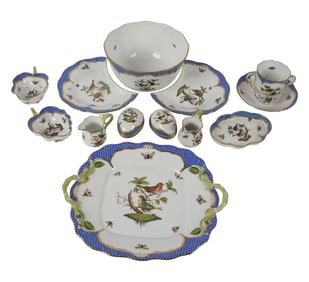 A Group of Herend Rothschild Bird Blue Border Porcelain