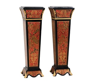 A Pair of Boulle-Style Marble-Top Pedestals