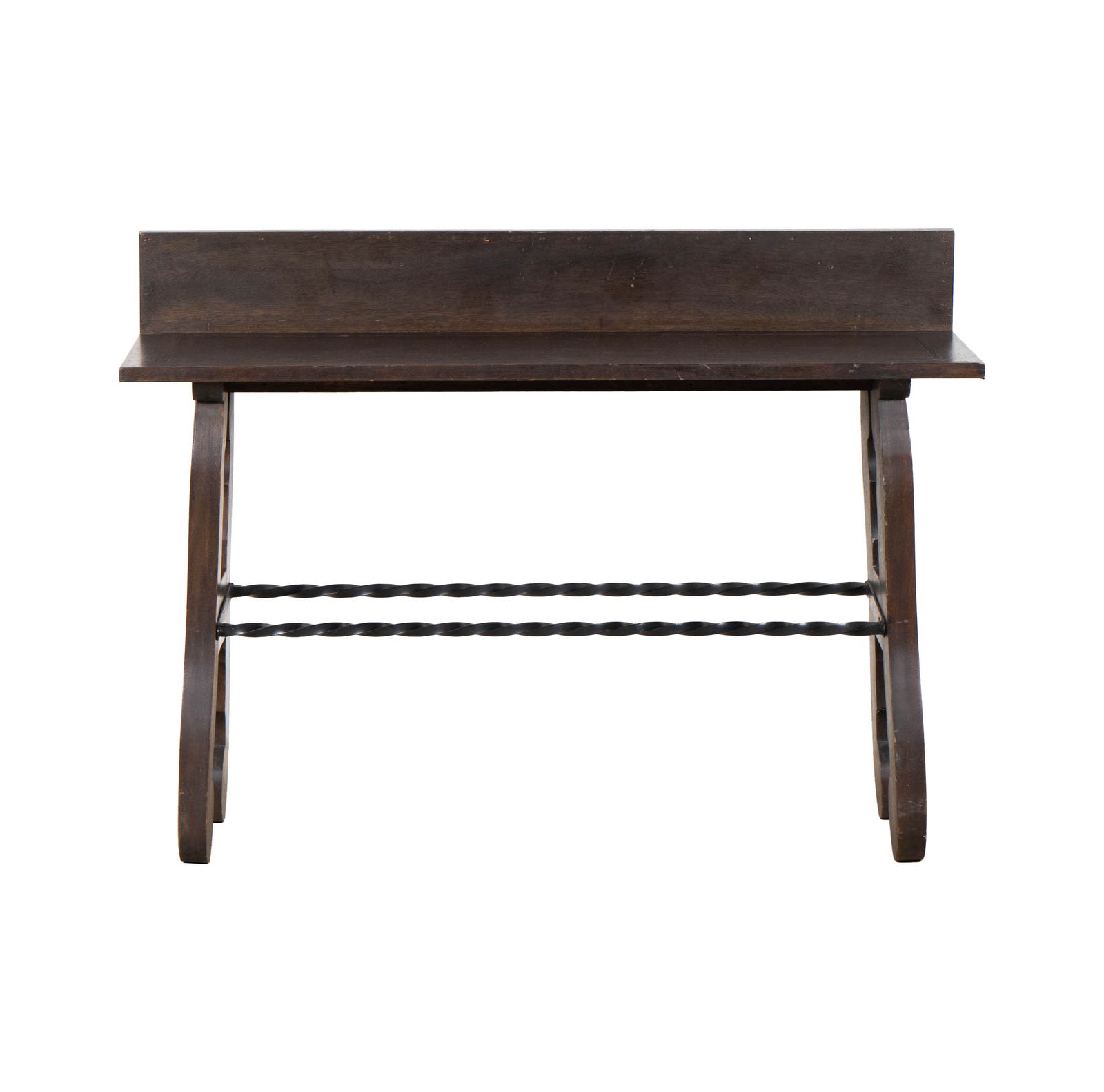 A Spanish Baroque-Style Stained Wood Console Table: late 20th century; with two metal stretchers 29 x 48 x 16 in. (73.7 x 121.9 x 40.6 cm.)