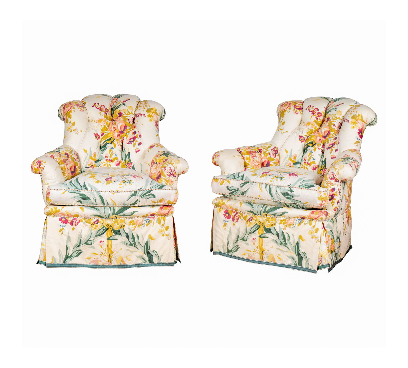 A Pair of Brunschwig et Fils Armchairs: each with down-filled seat cushion; with manufacturer's label Each: 35 x 36 x 28 in. (88.9 x 91.4 x 71.1 cm.) Seat height: 19 in. (48.3 cm.) Notes: This item does not qualify for in-house shipping. Pl