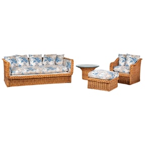 A Wicker Furniture Suite with Brunschwig et Fils Fabric Cushions