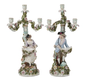 A Pair of Sitzendorf Porcelain Four-Light Candelabra