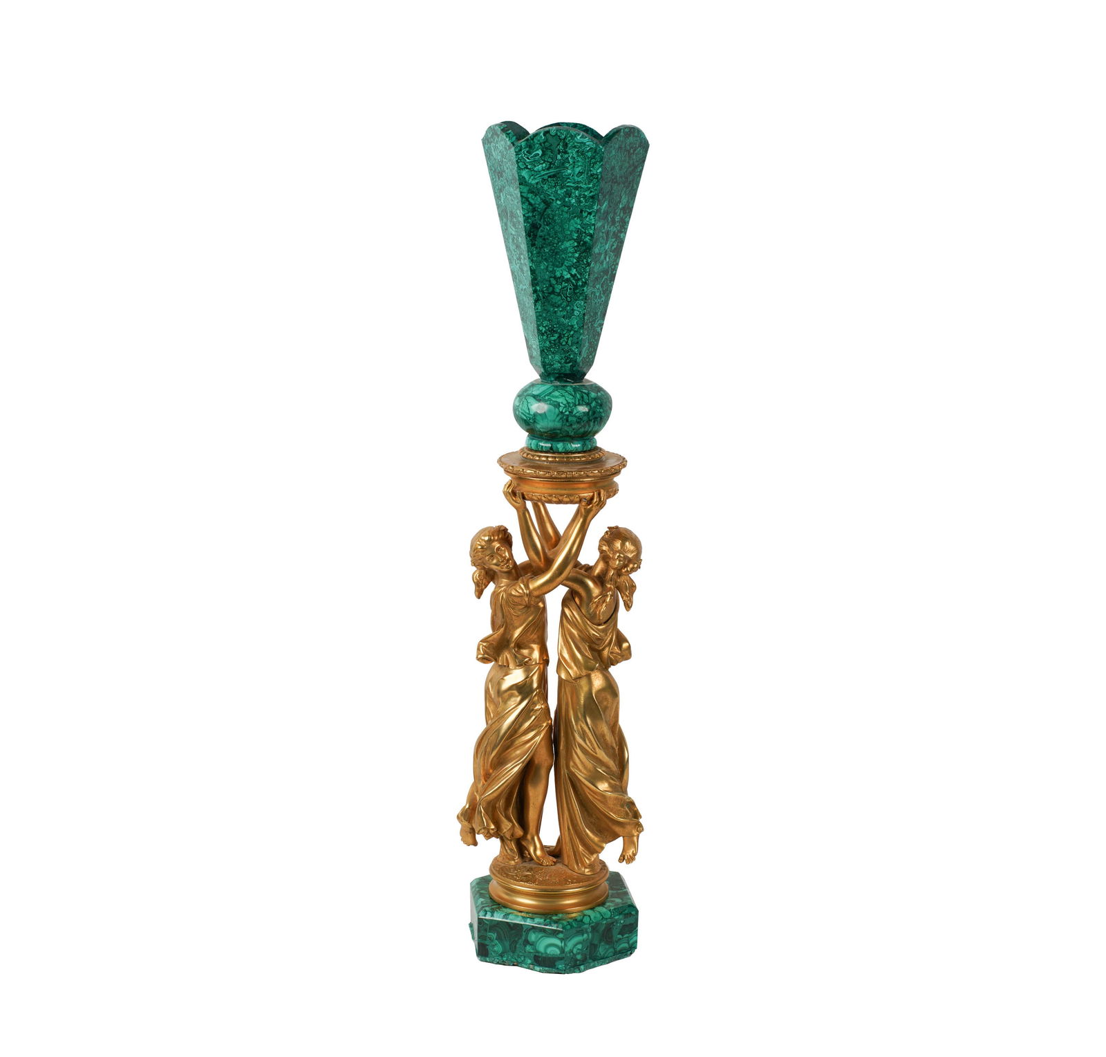 A Neoclassical-Style Figural Urn: gilt metal, malachite Overall: 31 1/2 x 6 1/2 x 6 1/2 in. (80 x 16.5 x 16.5 cm.) Notes: This item does not qualify for in-house shipping. Please see our preferred shippers' list for quotes or arrange