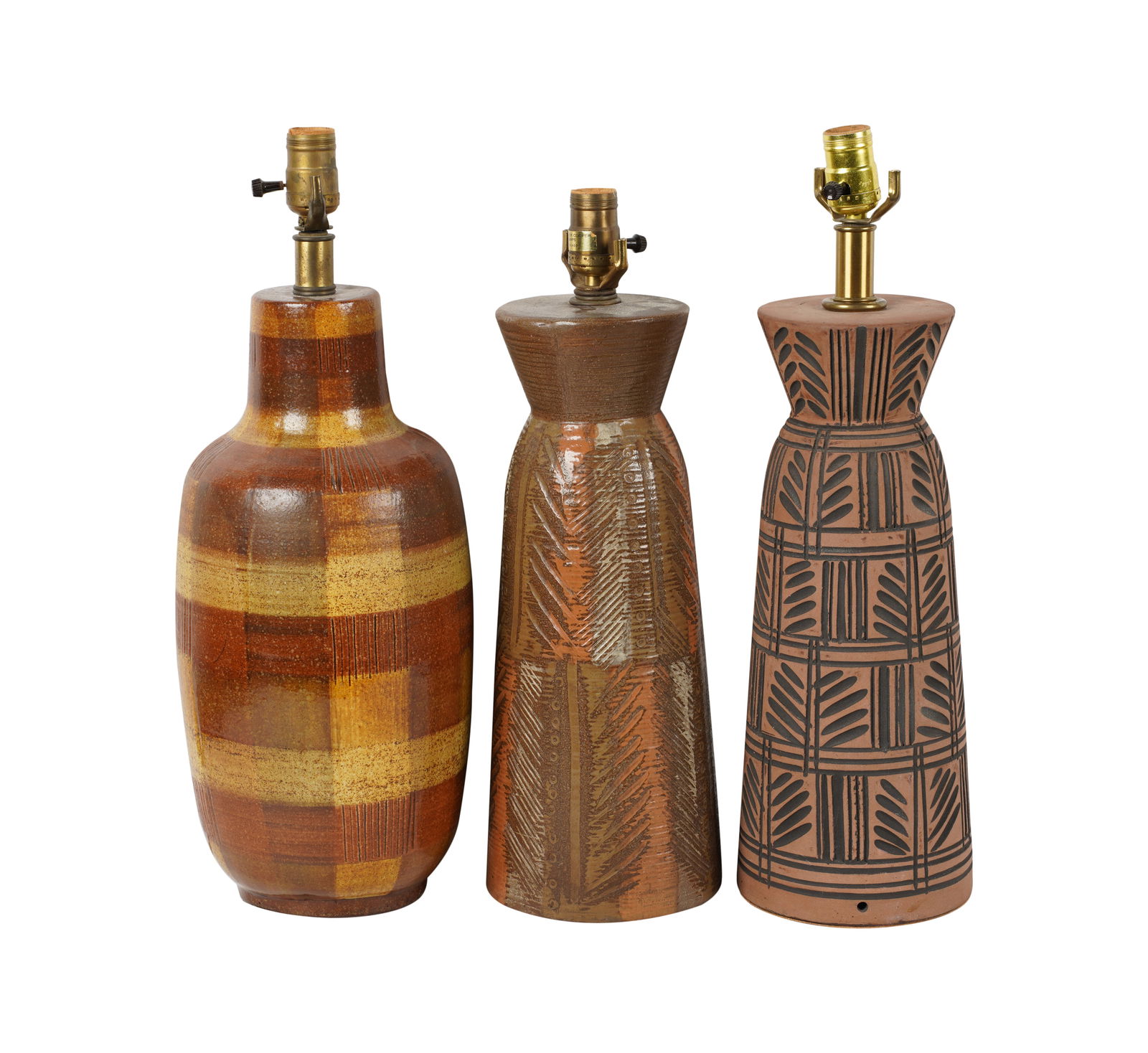 Three Lee Rosen Design Technics Ceramic Table Lamps: mid 20th century Two overall: 20 1/2 x 6 1/2 in. (52.1 x 16.5 cm.) Notes: This item does not qualify for in-house shipping. Please see our preferred shippers' list for quotes or arrange for local pick