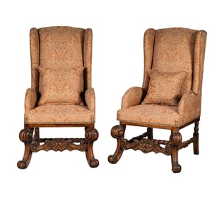 A Pair of Baroque-Style High-Back Wing Chairs