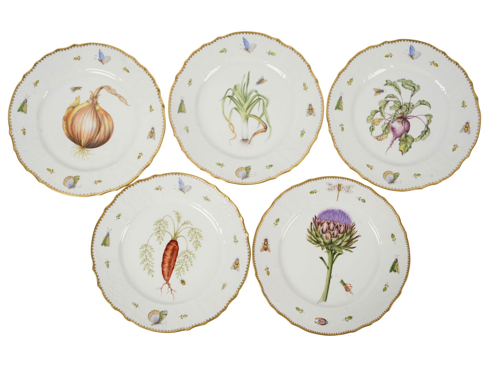 Five Anna Weatherley Porcelain Dinner Plates: each painted with a different vegetable; each with factory marks 10 1/2 in. (26.7 cm.) dia.