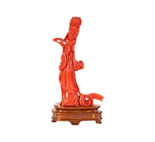 A Chinese Carved Coral Guan Yin Figure