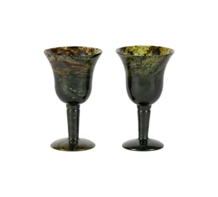 A Pair of Chinese Carved Spinach Jade Cups